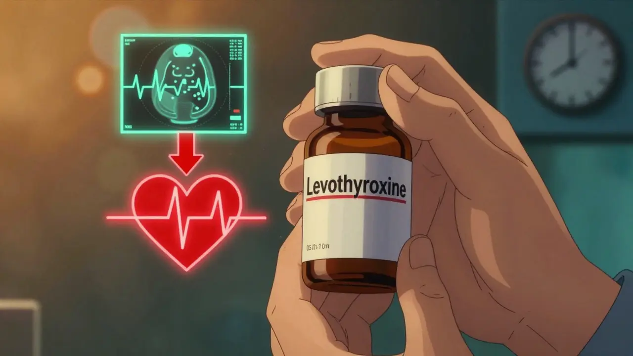 Hand adjusting thyroid medication as heart rhythm normalizes, with monitoring icons in retro anime style.