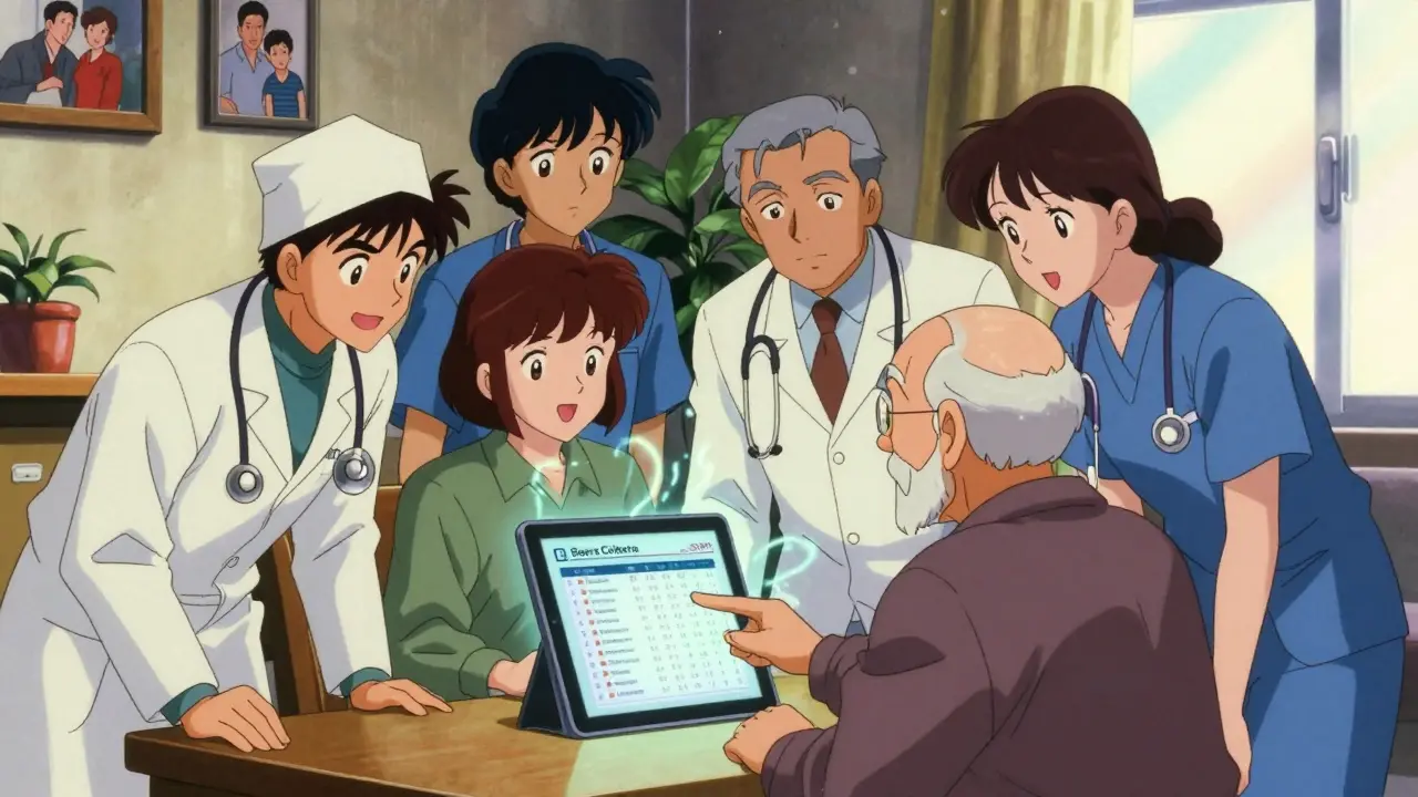 Healthcare team reviewing medication list with elderly man on a glowing tablet in a living room.