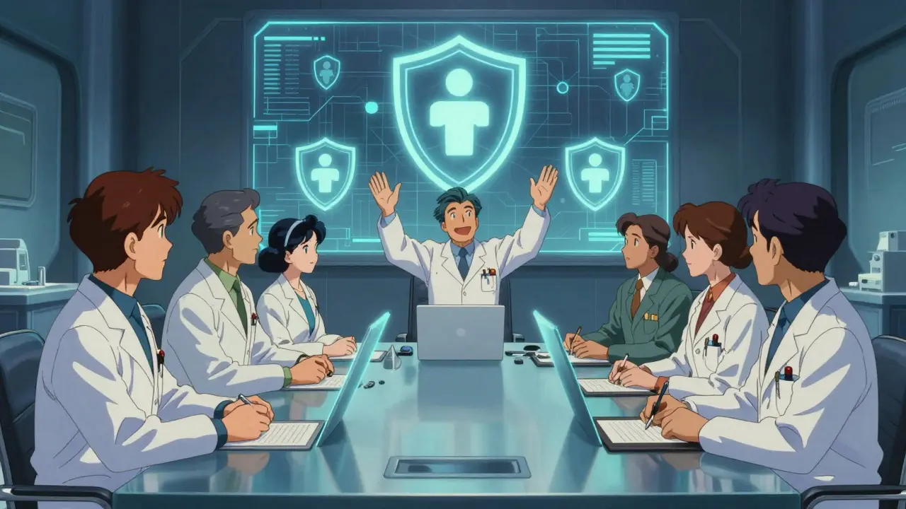 Medical regulators discussing safety standards at a meeting.