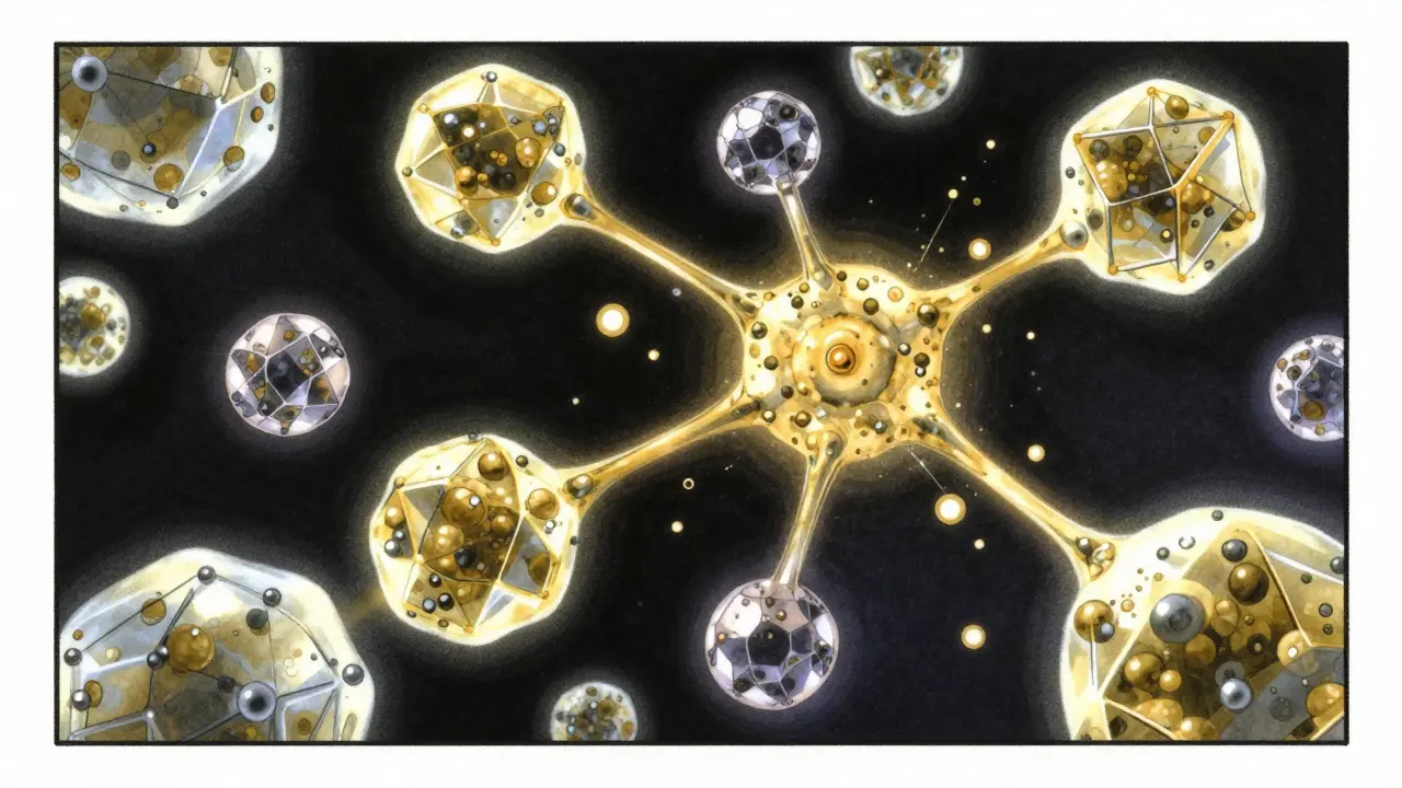Microscopic particles representing drug molecules interacting biologically.