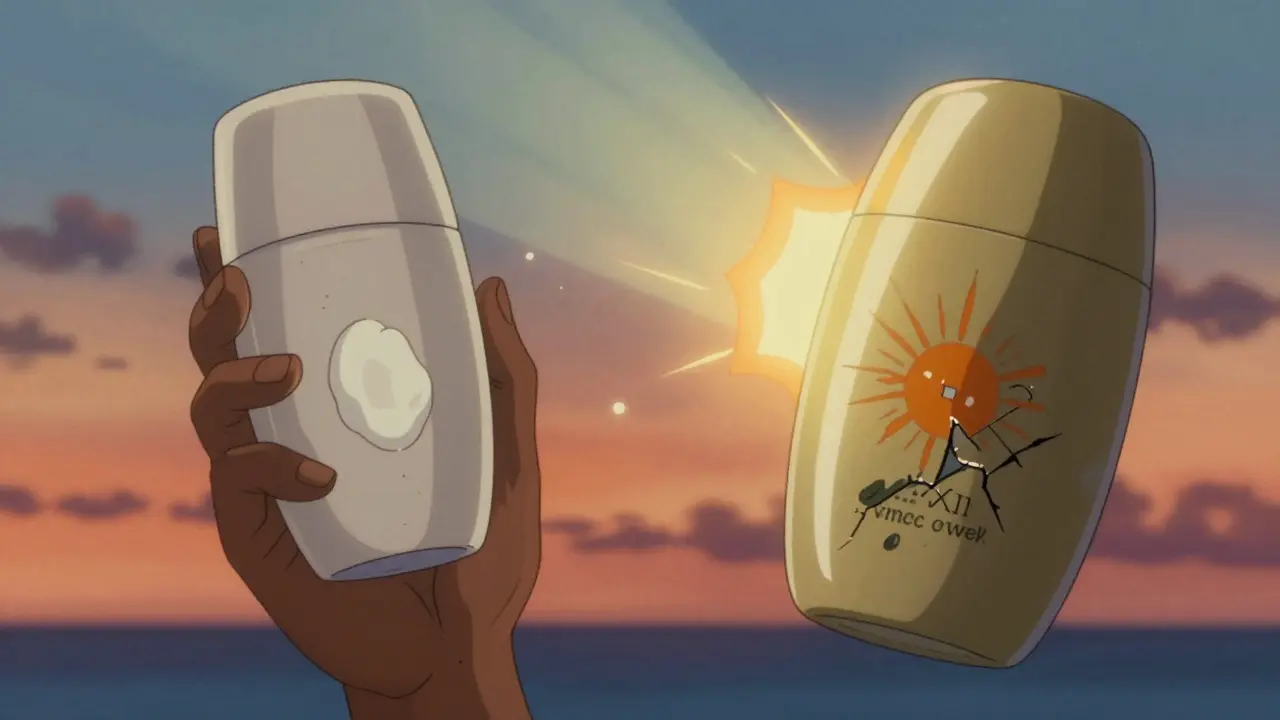 Mineral vs chemical sunscreen comparison on different skin tones with protective vs failing barriers