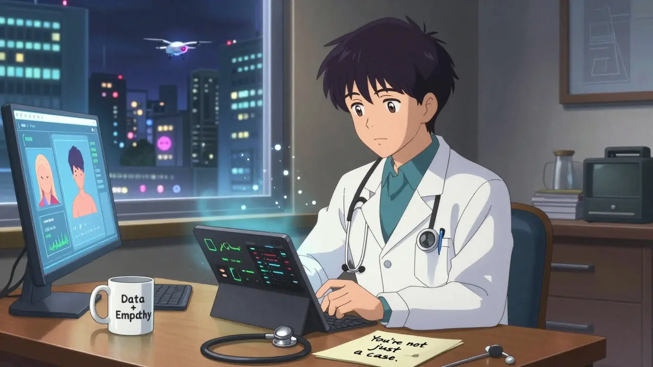 Physician working remotely with patient data, surrounded by symbols of empathy and connection.