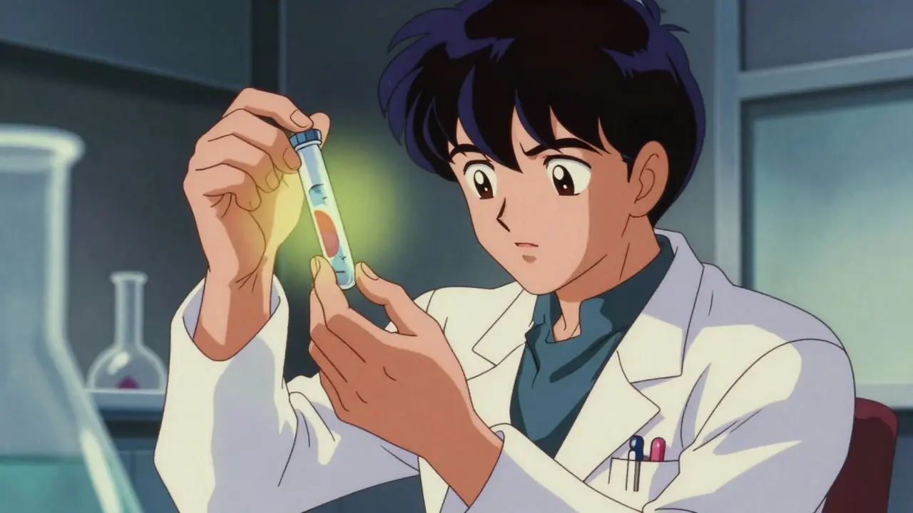 Researcher examining a vial to test drug safety protocols.