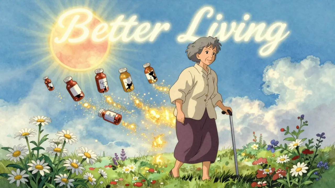 Senior woman walking confidently as pill bottles dissolve into light, surrounded by blooming flowers.