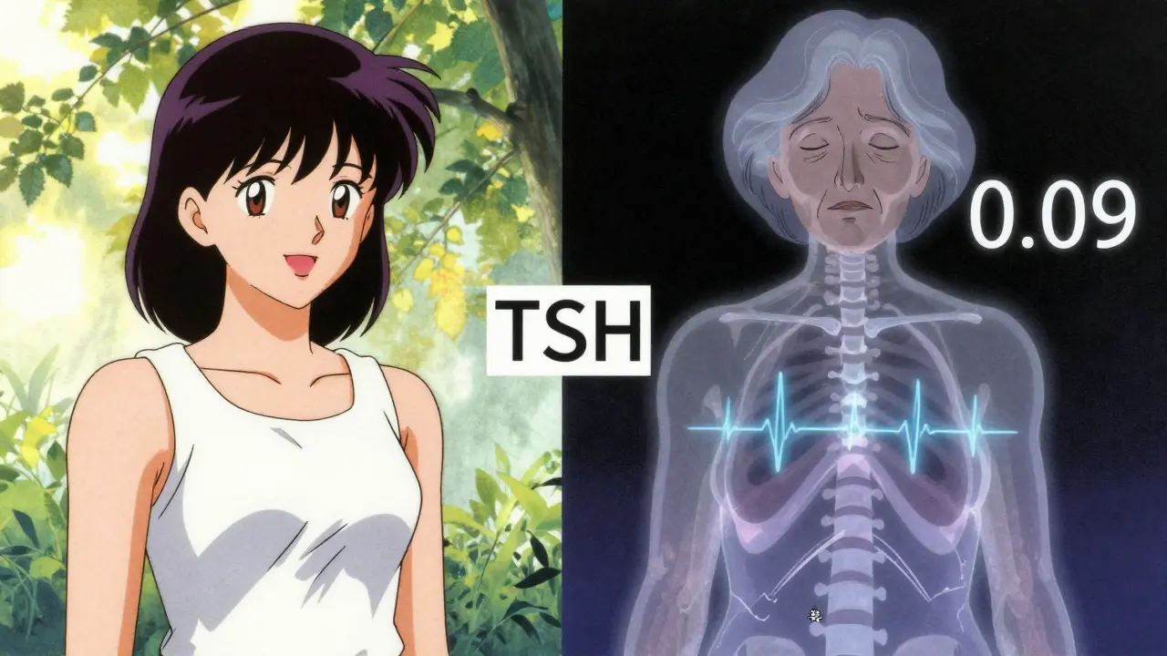 Split-panel showing healthy young woman vs. older woman with hidden heart and bone damage from low TSH in retro anime style.