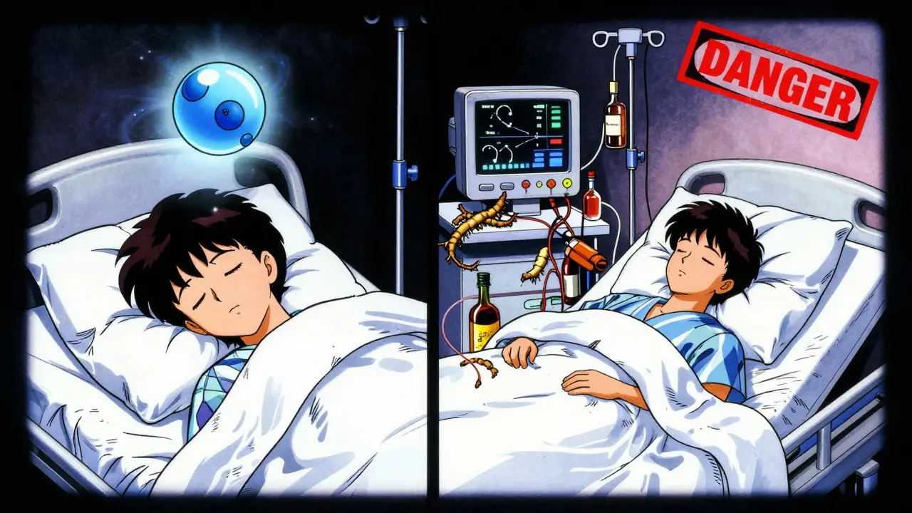 Split scene: peaceful sleep vs. hospital emergency, showing GABA safety versus dangerous supplement interactions.