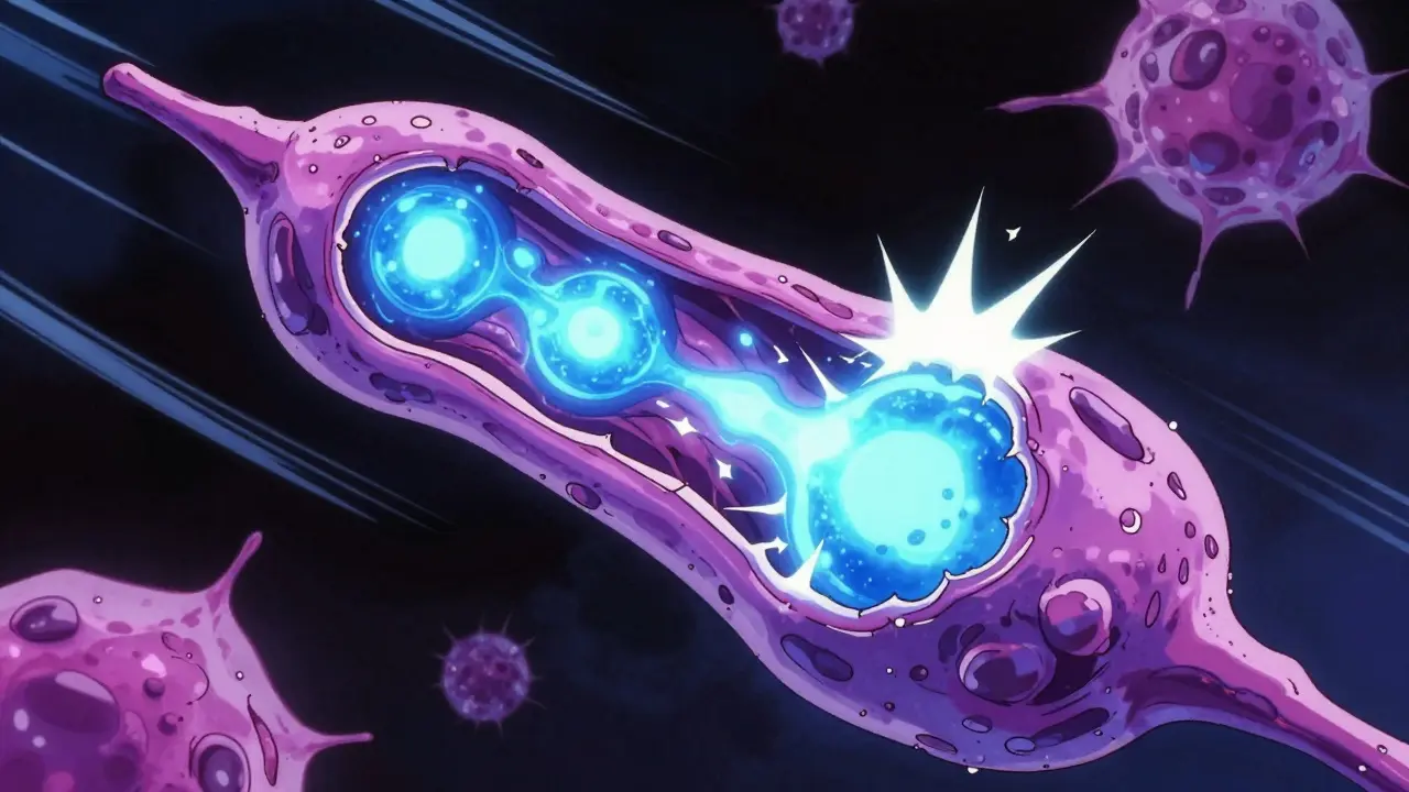 Stylized cell with glowing blue orbs leaking, abstract science.