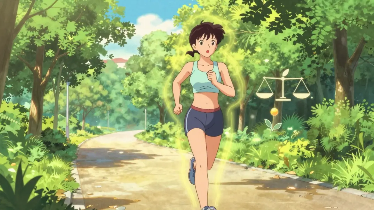 Woman jogging outdoors, hopeful expression, health aura.