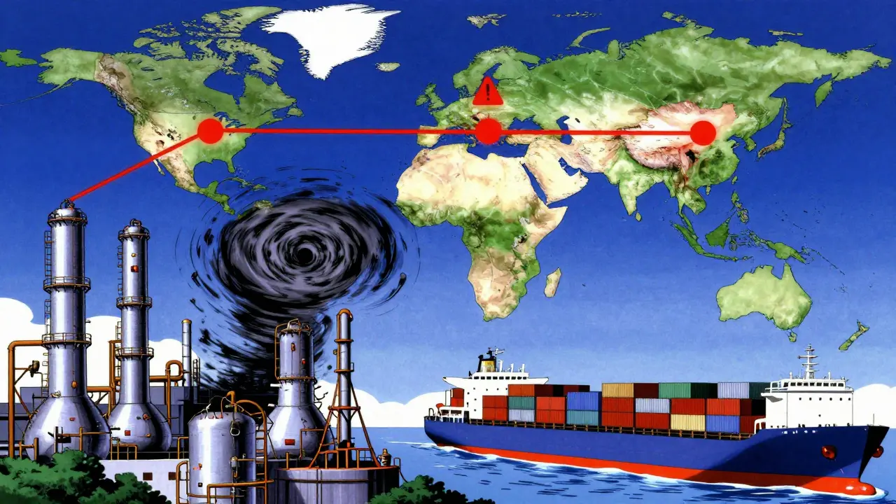 A conceptual montage of storms and stalled ships affecting global drug supply in retro anime style.