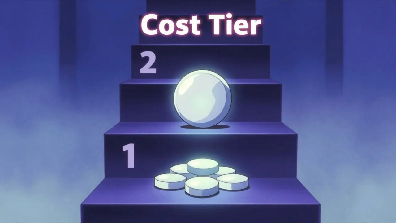 A conceptual staircase showing different insurance cost tiers for generic and combination pills.