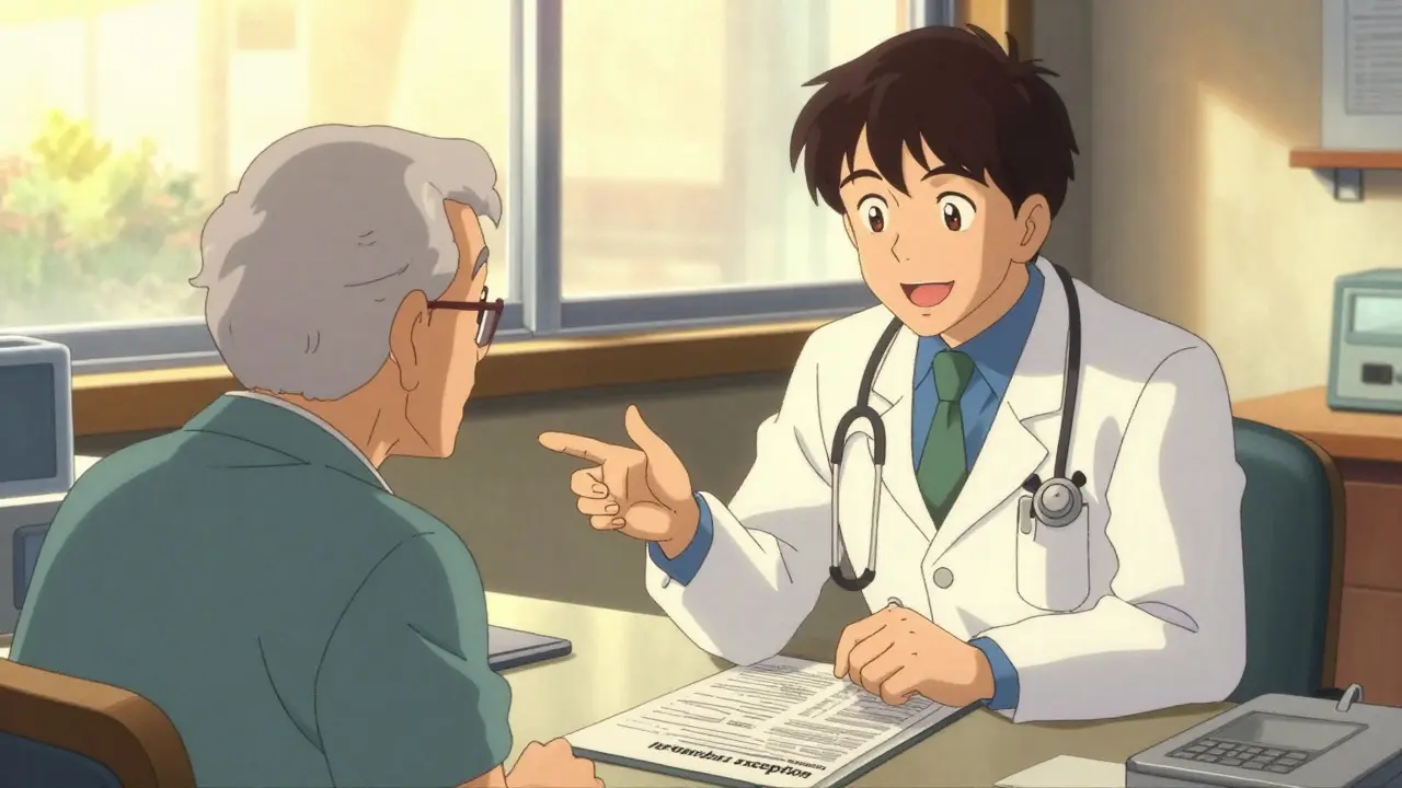 A doctor and senior patient discussing a medical exception in a retro anime office.