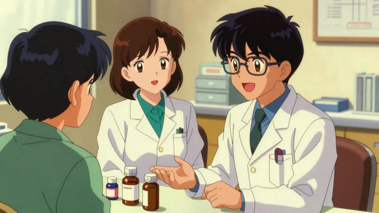 A doctor providing supportive medical counseling to a patient in a retro anime setting.