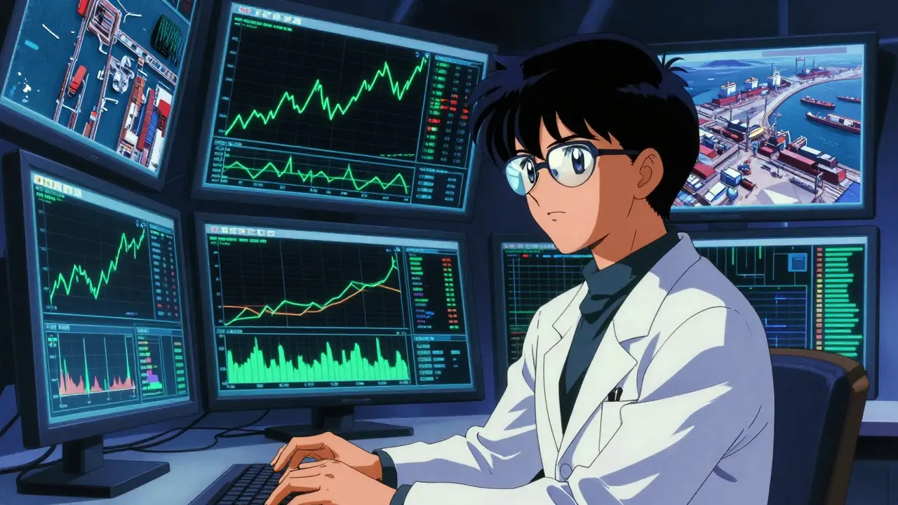 A scientist analyzing drug shortage predictions on glowing monitors in retro anime style.
