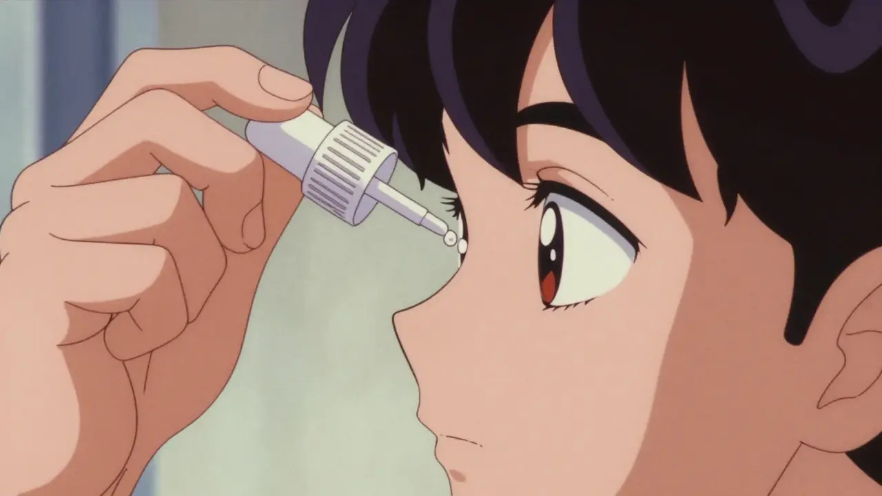 Anime close-up of a person correctly applying a drop of artificial tears