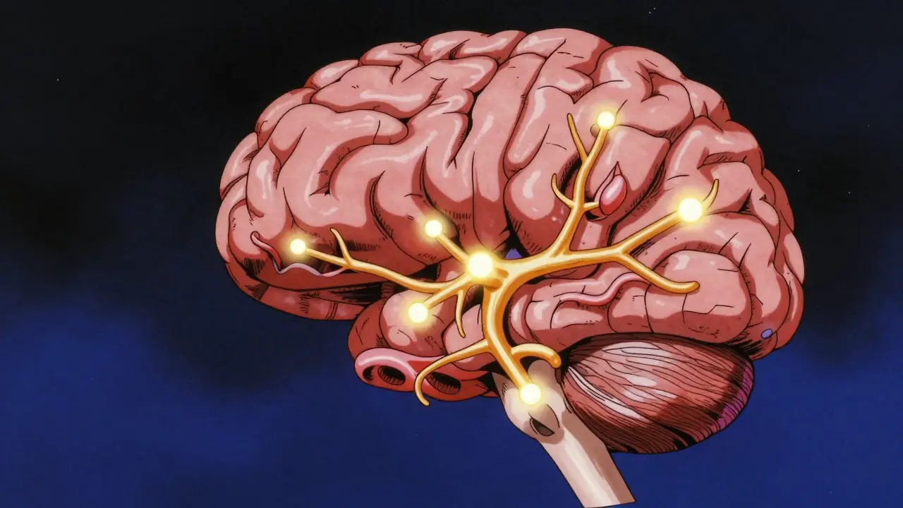 Conceptual anime illustration of brain blood vessels constricting during medication action