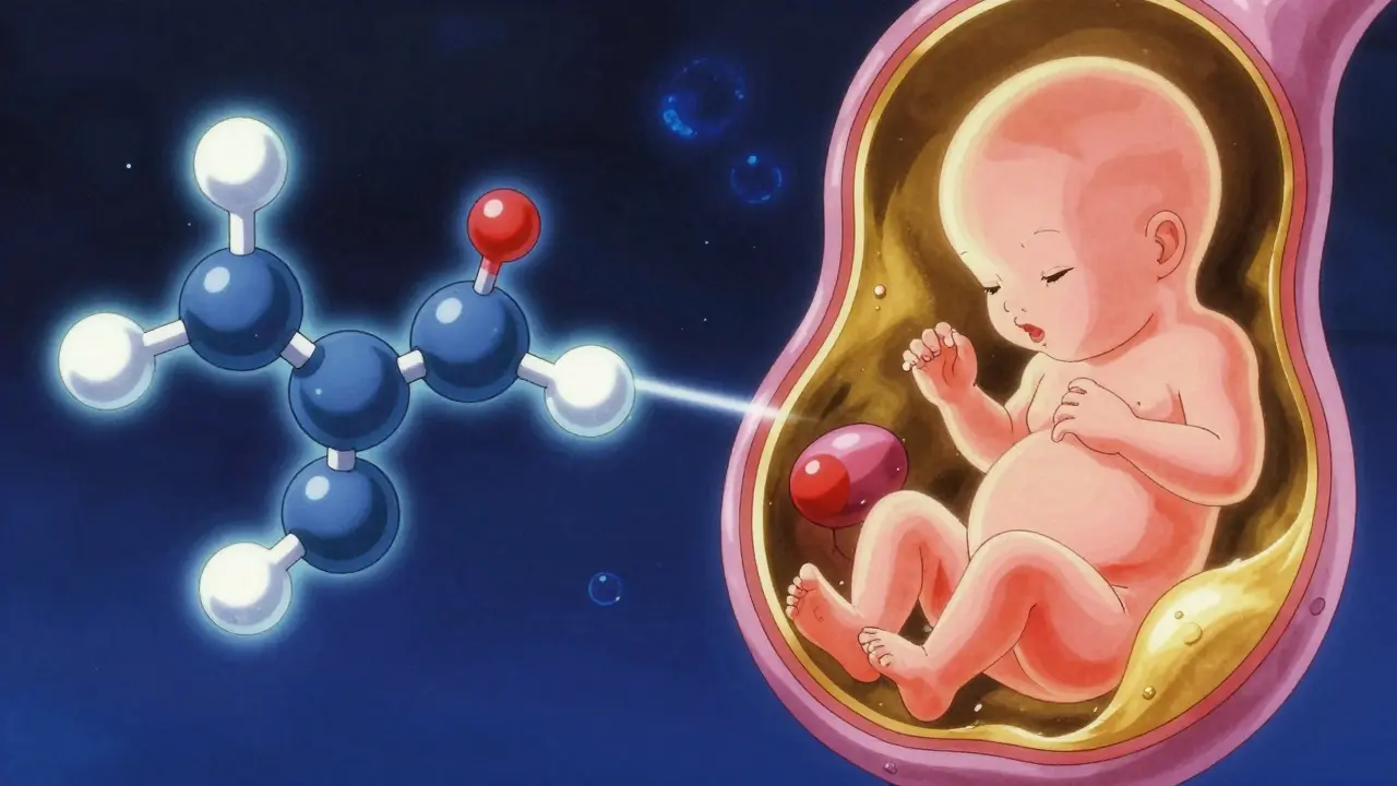 Conceptual anime illustration showing a medication molecule next to a developing fetus.
