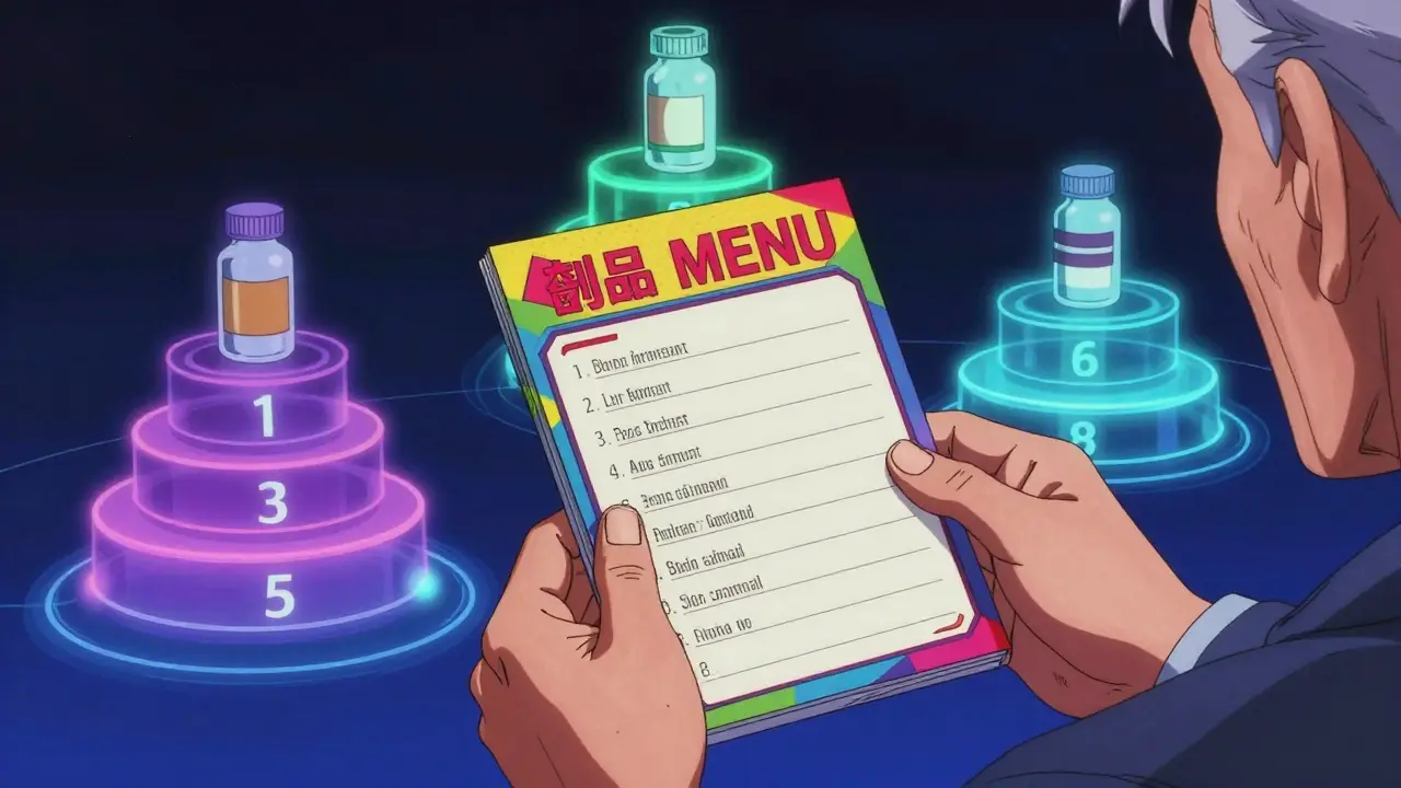 Conceptual retro anime visualization of drug coverage tiers as floating platforms.