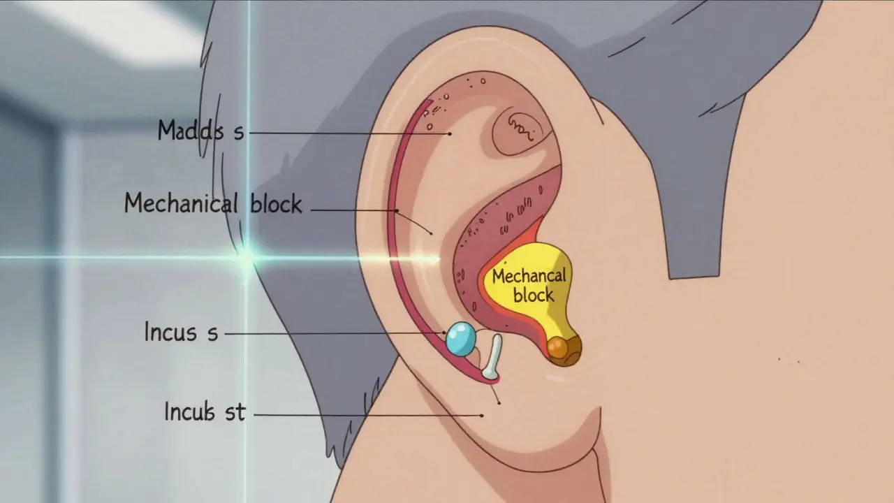 Detailed anime cross-section of the middle ear highlighting the mechanical parts of hearing.