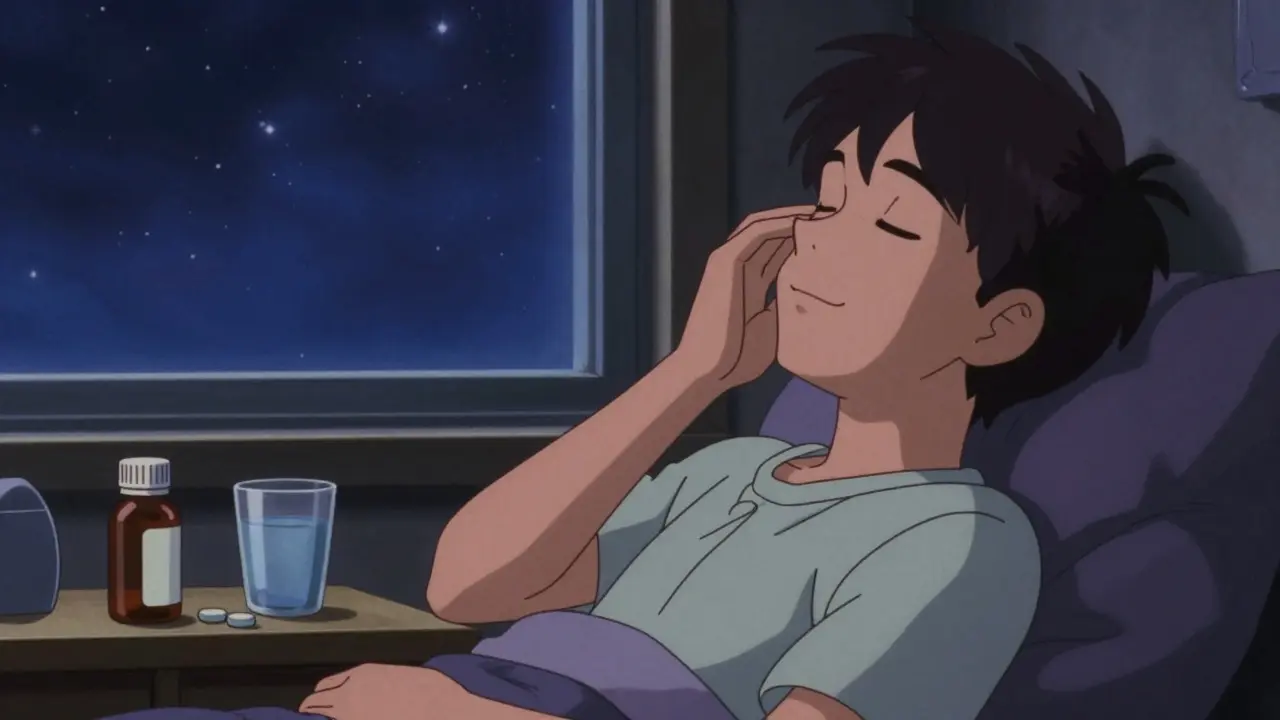 Peaceful anime character at night with allergy medication on the nightstand