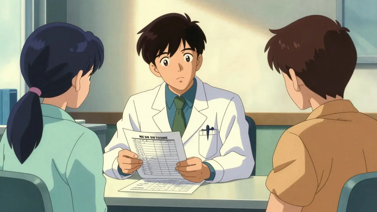 Psychiatrist discussing a treatment and monitoring plan with a parent and young adult in retro anime style.