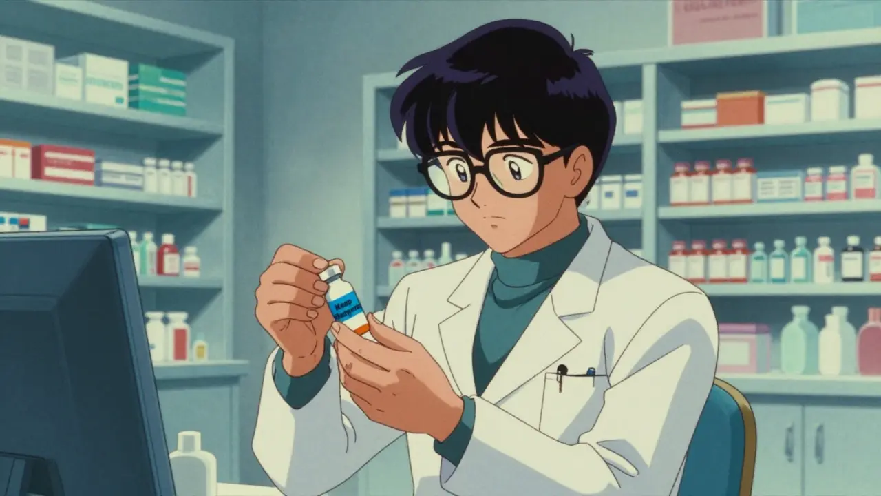 Retro anime scene of a pharmacist applying a blue refrigeration label to a medicine vial