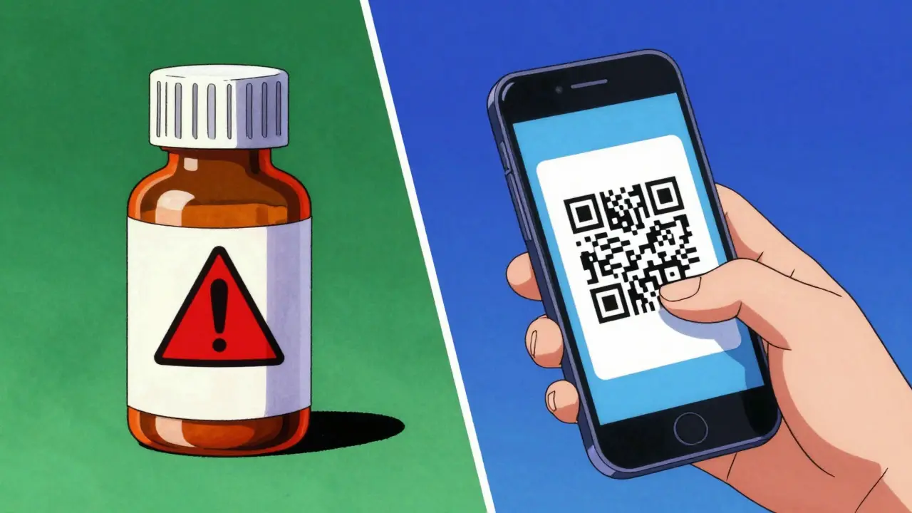Retro anime split screen comparing a red warning sticker to a digital QR code scan
