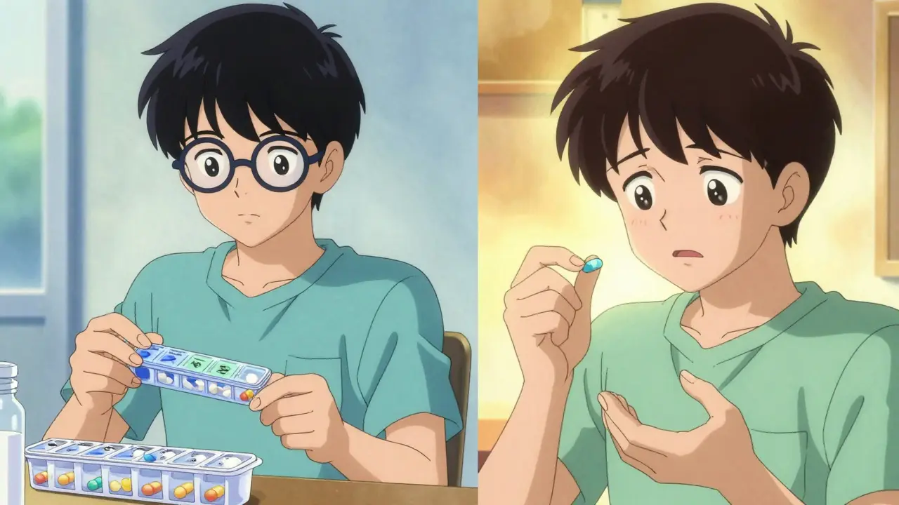 Split-screen anime comparison between using a pill organizer and taking a single combination pill.