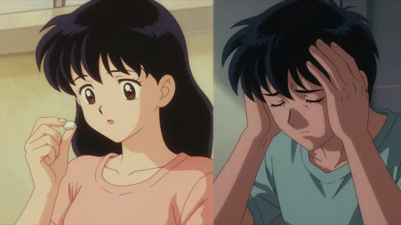 Split-screen anime scene showing the cycle of medication relief and rebound headache