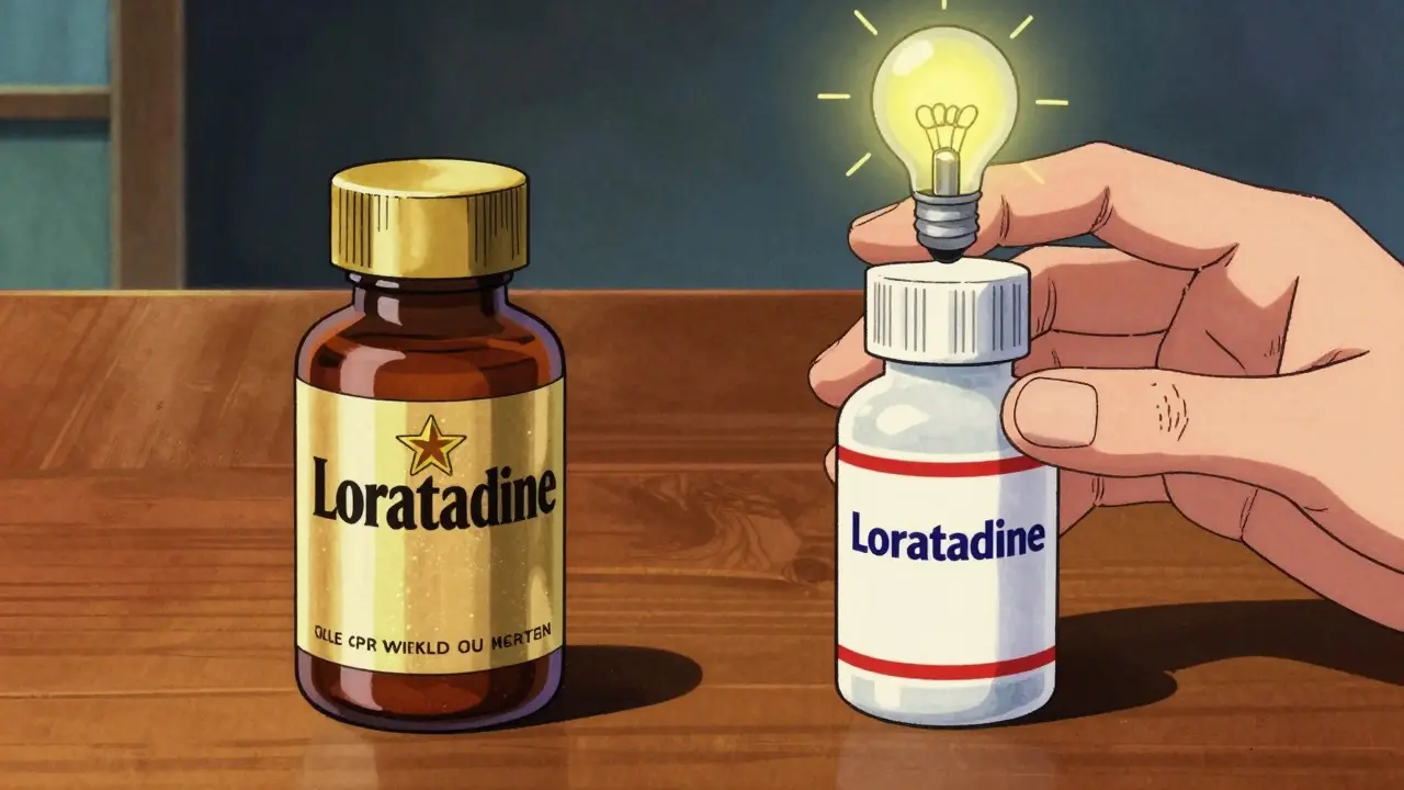 Split screen comparison of brand name and generic allergy medication bottles