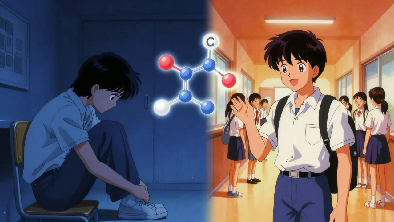 Split-screen retro anime art contrasting the isolation of depression with the hope of successful treatment.