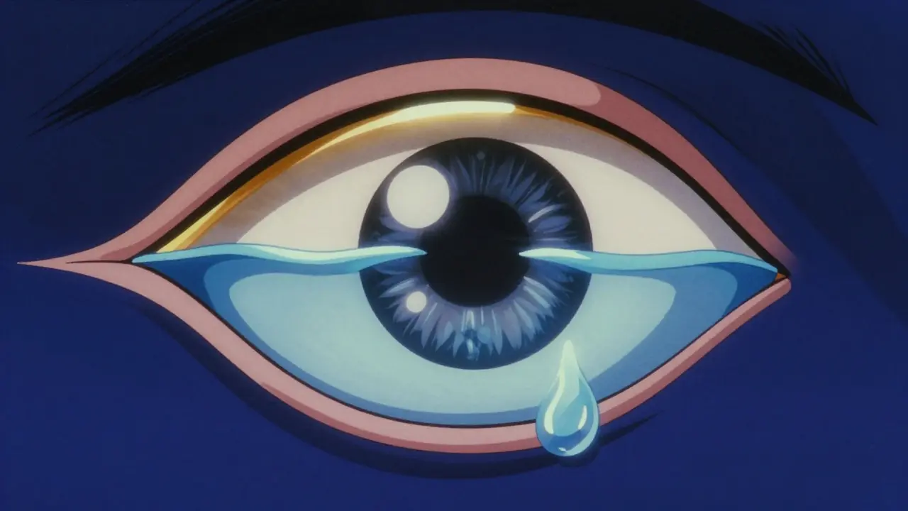 Stylized anime diagram of the three layers of the eye's tear film