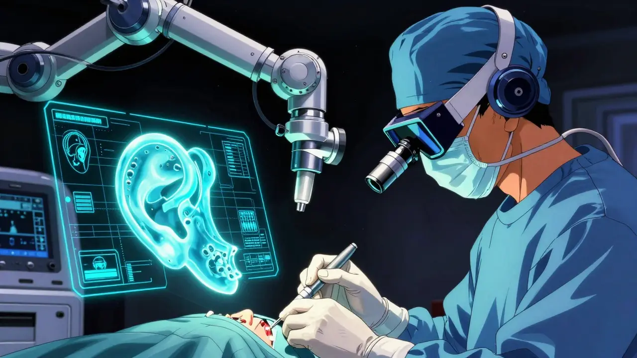 Surgeon using a futuristic endoscopic tool and a holographic 3D-printed ear prosthetic.